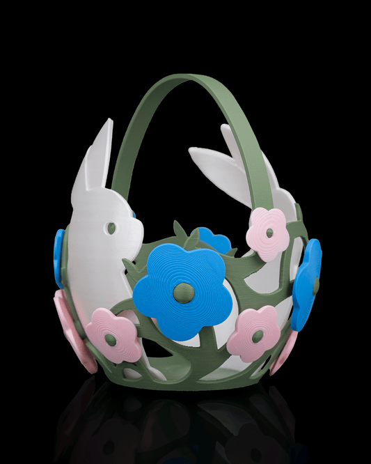 Coșuleț de Paște Spring Egg Basket cu Iepurași și Flori