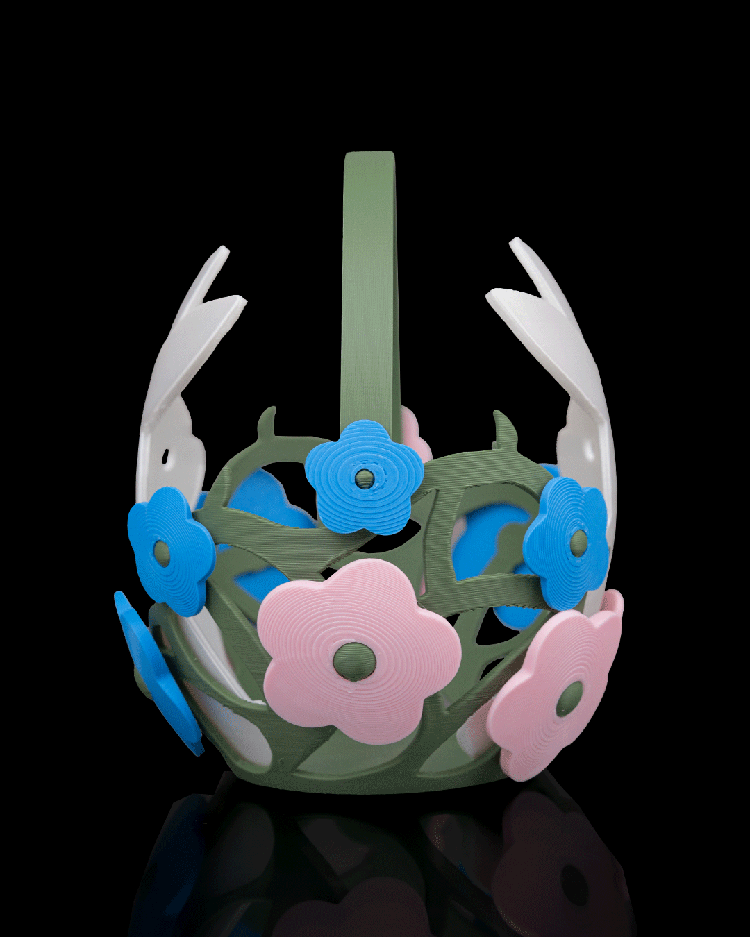 Coșuleț de Paște Spring Egg Basket cu Iepurași și Flori